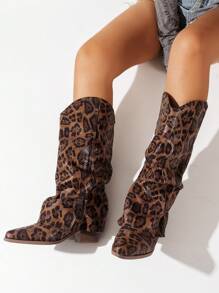 Fall/Winter 2025 Western Style Pointed Toe Stacked Heel Tall Shaft Boots For Women,Cowboy Boots,Party Outfits - Brown - View 4