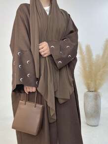 1pc Solid Color Elegant Embroidered Cuff Cardigan, Suitable For Women's Daily Outings, Muslim Abaya - Multicolor - View 17