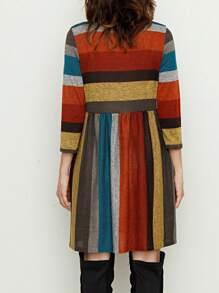 Boho Retro 70's 90's Vintage Black Black Olive Mocha Pink Mint Knit Brushed Ruffle Tiered Color Block Stripe Tunic Dress - 酒紅色 - 查看 4