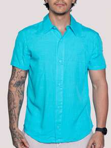 Linen Shirt Short Sleeve Formal Summer Fresh Italian Collar Elegant In Visco-Linen - Baby Blue - View 5