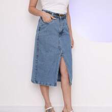 Saia jeans midi com fenda acompanha cinto feminino novo