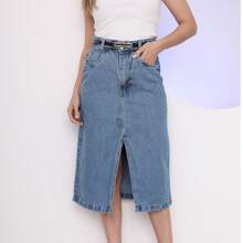 Saia jeans midi com fenda acompanha cinto feminino novo
