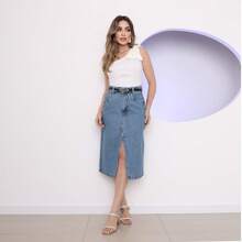 Saia jeans midi com fenda acompanha cinto feminino novo