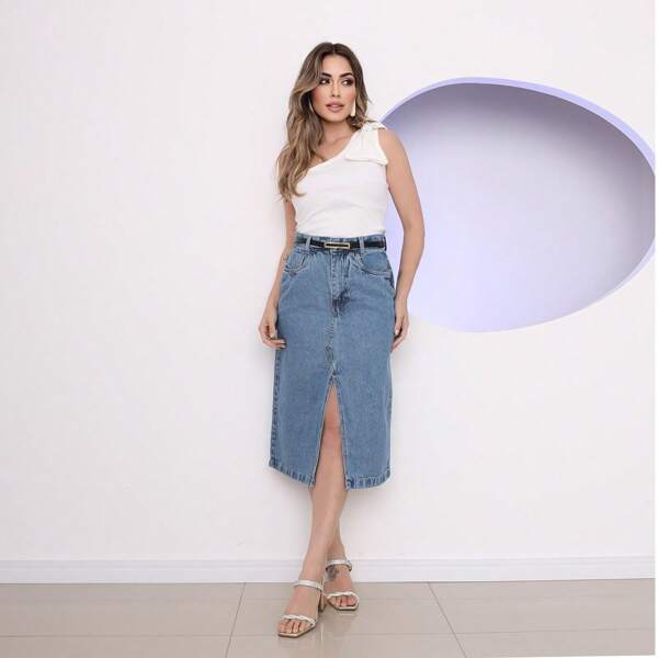Saia jeans midi com fenda acompanha cinto feminino novo
