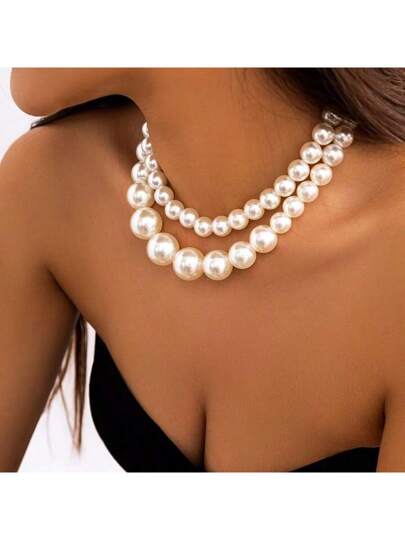 2 pièces Ensemble de collier ras-du-cou en perles exagéré rétro à double couche
