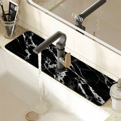 1pc Black & Grey Marble Pattern Sink Mat, Modern Art Texture Silicone Drain Mat, Suitable For Kitchen Sink, Bathroom Sink, Countertops, Drainage Mat, Washbasin, Cuttable, Quick-Drying Mat, Kitchen Accessories