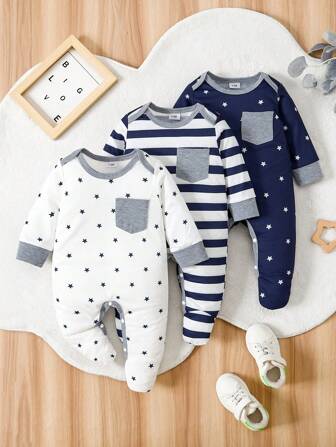3pcs Newborn Infant Star Stripes Patchwork Long Sleeve Footie Jumpsuit Set, Cute Everyday Wear, Spring/Summer