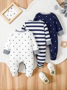 3pcs Newborn Infant Star Stripes Patchwork Long Sleeve Footie Jumpsuit Set, Cute Everyday Wear, Spring/Summer