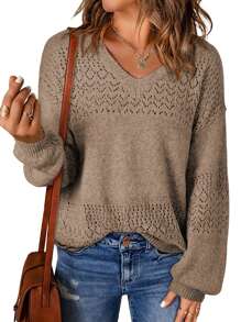 Women's Casual Vacation Light Slim Long Sleeve Knitted V-Neck Pullover Sweater - Mocha Brown - View 5