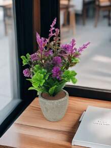 Planta artificial en maceta con hojas de menta, flor de lirio, planta falsa para decoración del hogar, mini maceta de piedra para paisajismo, regalo para el Día de San Valentín