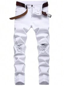 Quần Jeans Nam Ôm Vừa Vặn, Màu Trắng Thường Ngày, Co Giãn, Rách Rách - trắng - Xem 1