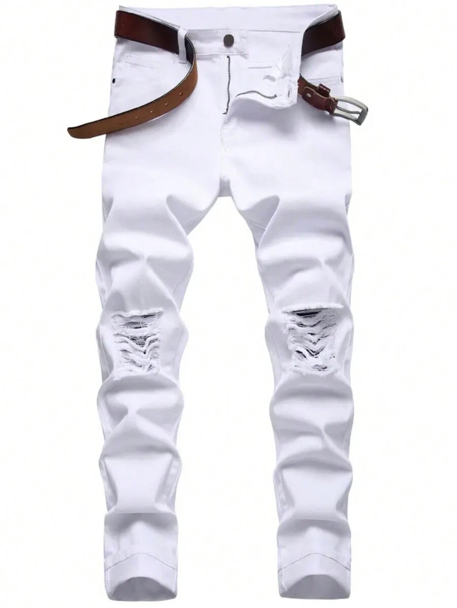 Quần Jeans Nam Ôm Vừa Vặn, Màu Trắng Thường Ngày, Co Giãn, Rách Rách - trắng - Xem 1