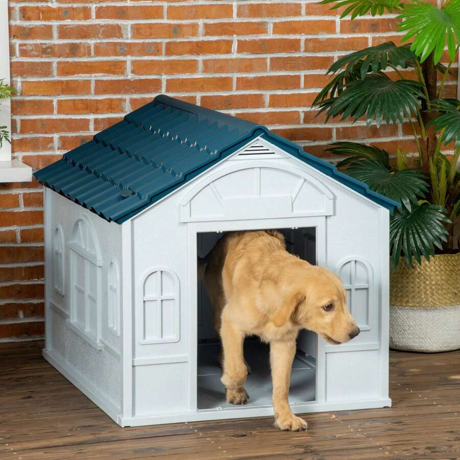 Plastic Dog House Outdoor Indoor, WeatherResistant Dog Kennel, With