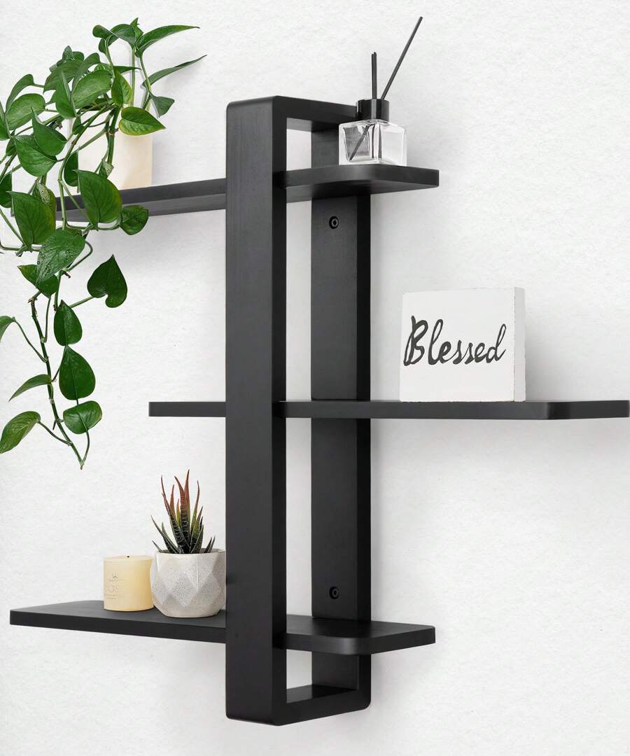 Black Floating Racks For Wall Mounted Shelving Unit All Pine Wood 3 Tier Large Shelf For Bedroom Living Room Office Bathroom Home Christmas Decor Storage Plant Photo Display 20in - 黑色 - 查看 1