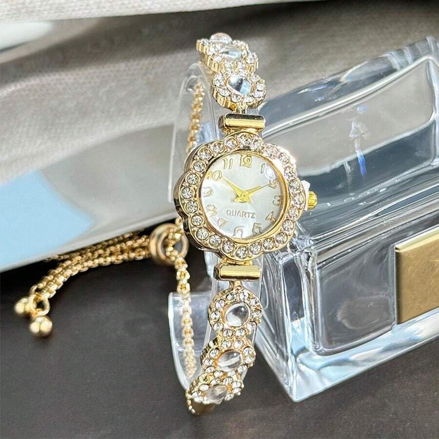 1pc Women's Floral Crystal Inlaid Alloy Case Watch With Arabic Numeral Dial, Colorful Beaded Slide Bracelet, Fashionable Quartz Watch