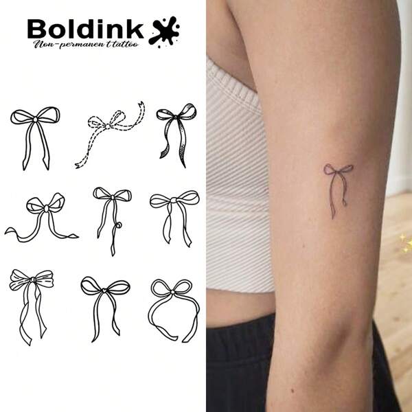 Boldink 非永久性纹身 - 蝴蝶结启发设计，防水逼真，适合女性，易于涂抹和佩戴，持续 1-2 周，入门纹身，看起来像真纹身，以及极简假纹身