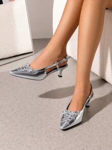 Women's Kitten Heel Pumps Slingback Pointed Toe Fashionable Buckled Vacation Party Wedding Shoes Valentines - 銀色 - 查看 3