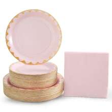24pcs Pink & Gold Floral Disposable Plates & Napkins Set, Paper Plates & Napkins For Party, Birthday, Wedding, Family Picnic,Christmas