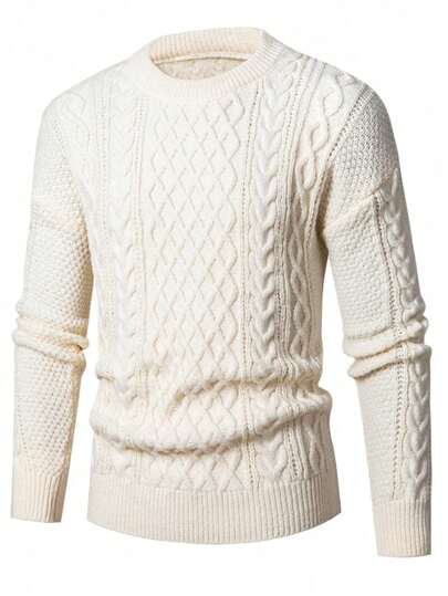 男士宽松圆领麻花纹理长袖套头针织衫，适合休闲或正式场合穿着，秋冬季