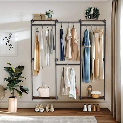 UNHO Industrielle Rohr Kleiderständer: Stilvoller wandmontierter Kleideraufhänger mit vielseitigen Aufbewahrungsregalen, perfekt für Schlafzimmer, Boutique oder Einzelhandelsorganisation, ideal zum Maximieren von Platz und Verschönern der Dekoration mit einem rustikalen Touch, perfekt für saisonale Garderobenwechsel und Heimrenovierungen, verbindet mühelos Funktionalität und ästhetischen Reiz für moderne Wohnräume