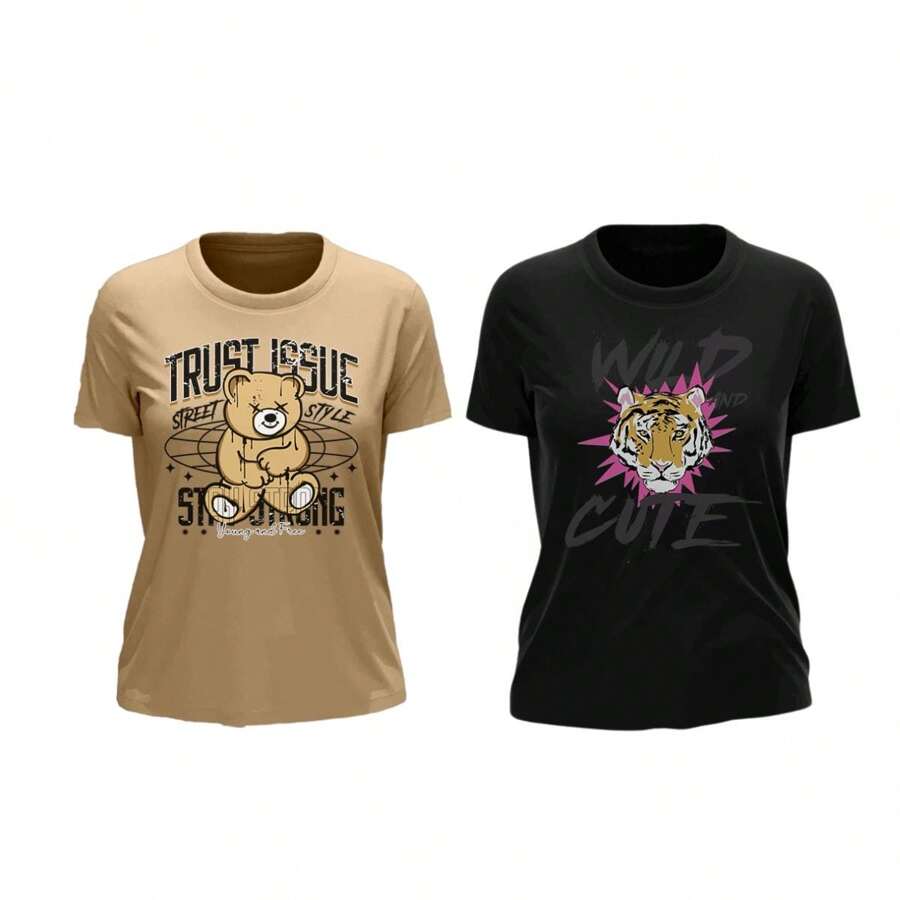 luvize Kit - 2 Printed Women's T-Shirts, Basic, Slim, 100% Cotton, Super Comfortable, Premium Fabric - Màu be - Xem 1