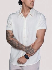 Linen Shirt Short Sleeve Formal Summer Fresh Italian Collar Elegant In Visco-Linen - Beige - View 3