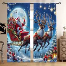 2 件圣诞圣诞老人雪橇驯鹿印花窗帘，月雪场景装饰适用于卧室、客厅、所有季节 - B - 查看 5