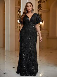 UNITHORSE 加大码 V 领灯笼袖亮片装饰优雅连衣裙，黑色正式晚会舞会礼服，适合婚礼嘉宾、毕业典礼、晚宴 - 黑色 - 查看 1