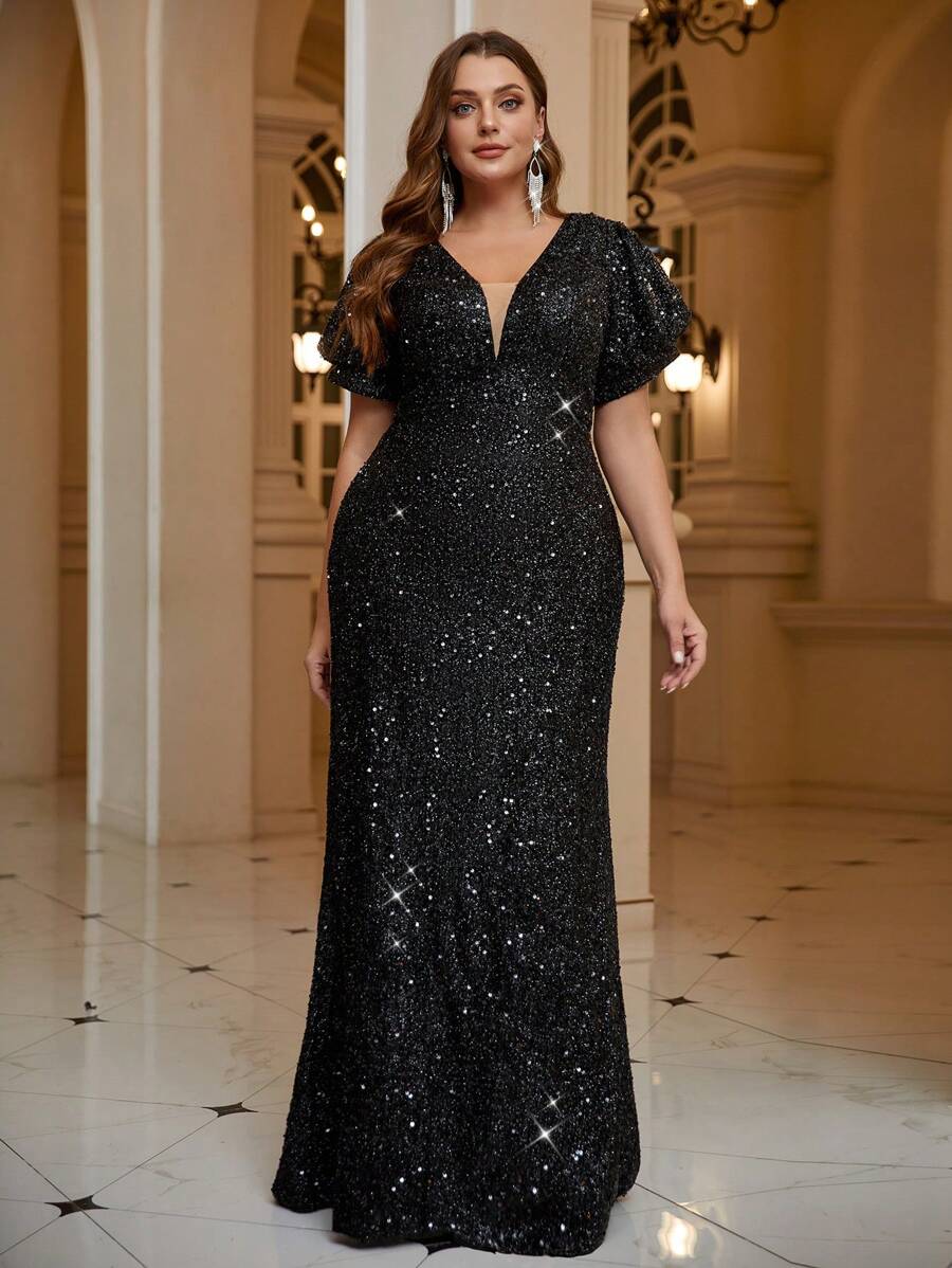 UNITHORSE 加大码 V 领灯笼袖亮片装饰优雅连衣裙，黑色正式晚会舞会礼服，适合婚礼嘉宾、毕业典礼、晚宴 - 黑色 - 查看 1
