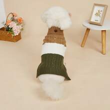 1 件弹力舒适麻花针织三色拼布木纽扣高领宠物毛衣，适合秋冬季猫狗 - 卡其色 - 查看 2