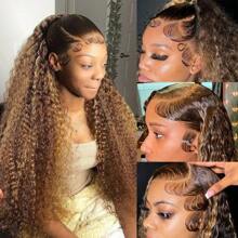 34 Inch 13x4 Highlight Ombre Deep Wave Lace Front Wigs Human Hair Pre Plucked #4/27 Colored Glueless Wigs Water Wave Honey Blonde Curly Lace Frontal Wigs Human Hair For Women With Baby Hair 250% Density - SP4/27 - 查看 5