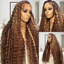 34 Inch 13x4 Highlight Ombre Deep Wave Lace Front Wigs Human Hair Pre Plucked #4/27 Colored Glueless Wigs Water Wave Honey Blonde Curly Lace Frontal Wigs Human Hair For Women With Baby Hair 250% Density - SP4/27 - 查看 7