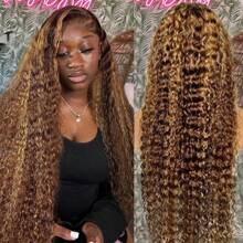 34 Inch 13x4 Highlight Ombre Deep Wave Lace Front Wigs Human Hair Pre Plucked #4/27 Colored Glueless Wigs Water Wave Honey Blonde Curly Lace Frontal Wigs Human Hair For Women With Baby Hair 250% Density - SP4/27 - 查看 4