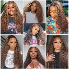 34 Inch 13x4 Highlight Ombre Deep Wave Lace Front Wigs Human Hair Pre Plucked #4/27 Colored Glueless Wigs Water Wave Honey Blonde Curly Lace Frontal Wigs Human Hair For Women With Baby Hair 250% Density - SP4/27 - 查看 9