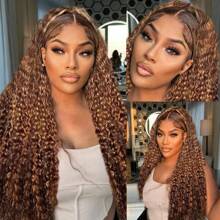34 Inch 13x4 Highlight Ombre Deep Wave Lace Front Wigs Human Hair Pre Plucked #4/27 Colored Glueless Wigs Water Wave Honey Blonde Curly Lace Frontal Wigs Human Hair For Women With Baby Hair 250% Density - SP4/27 - 查看 2