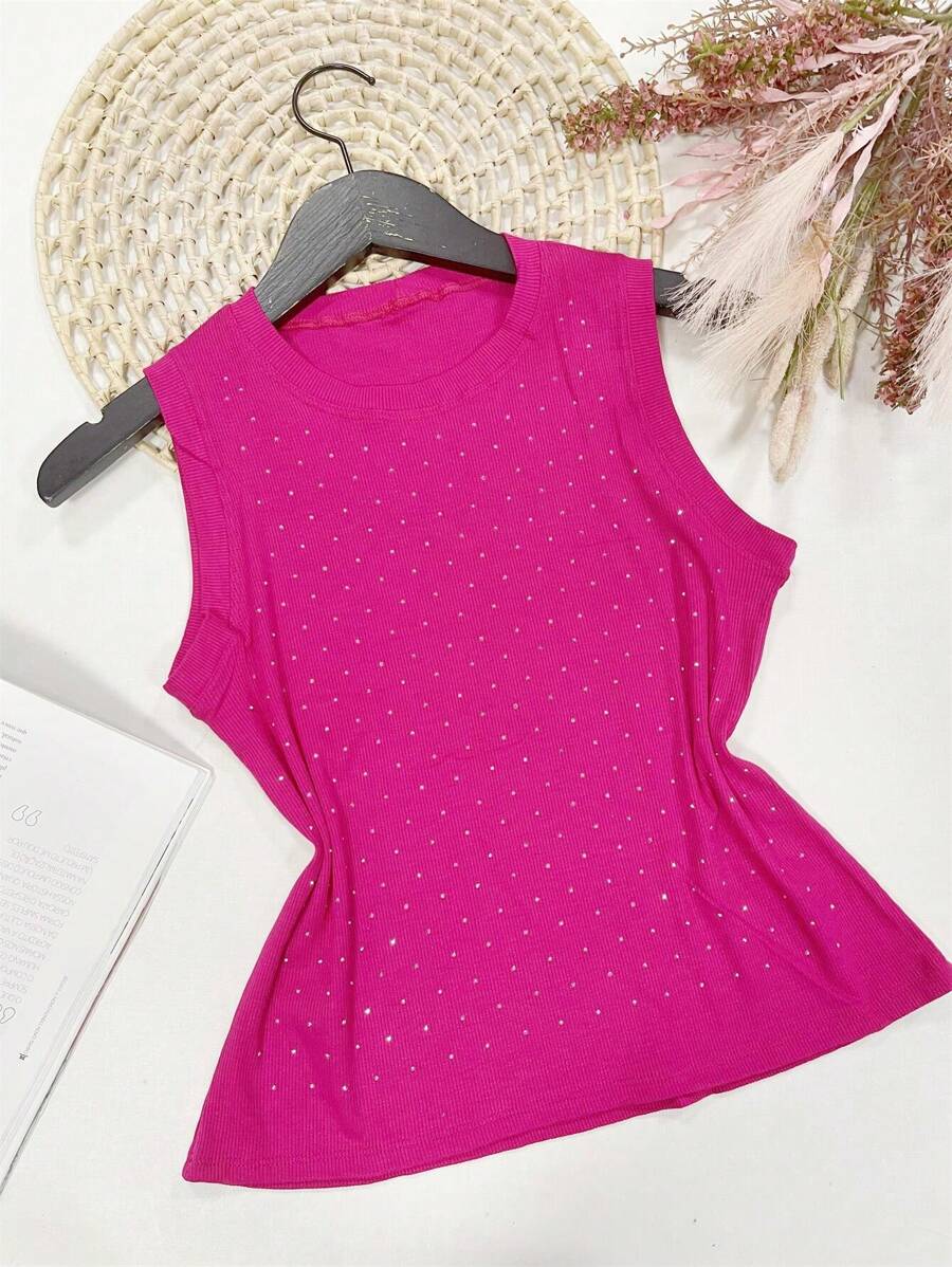 Tank Top, Very Stretchy Fabric, Front With Sequins - 玫紅色 - 查看 1