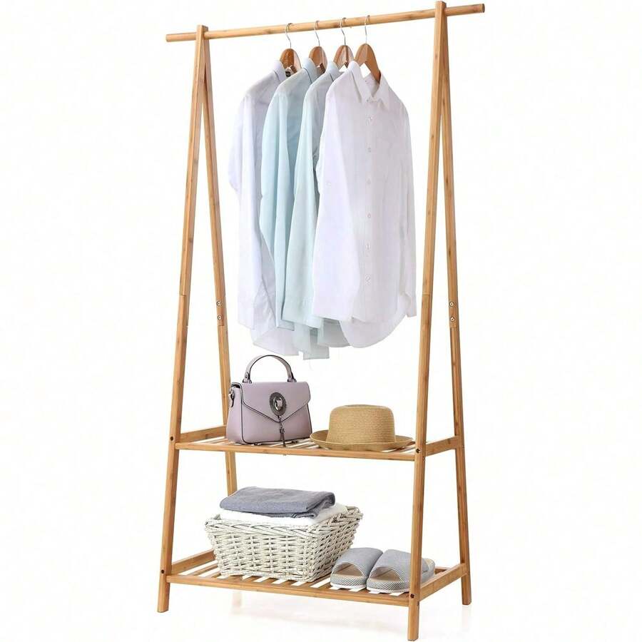 Bamboo Clothes Rack Portable Extra Large Garment Rack 2Tire Storage