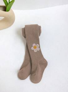 5pcs/Pack Girls Toddler Minimal Flower Decor Vertical Striped Leggings, Suitable For Daily Life