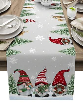 Christmas Gnomes Snowflake Linen Table Runner Holiday Party Decor Winter Xmas Tree Kitchen Dining Table Runner Christmas Decorations