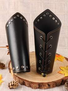 2Pcs Faux Leather Bracelet Vintage Steampunk PU Leather Wristguard Medieval Knight Live Action Role Play Scale Arm Guards Drama Costume Props - Brown - View 6