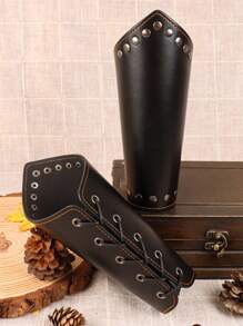 2Pcs Faux Leather Bracelet Vintage Steampunk PU Leather Wristguard Medieval Knight Live Action Role Play Scale Arm Guards Drama Costume Props - Brown - View 4