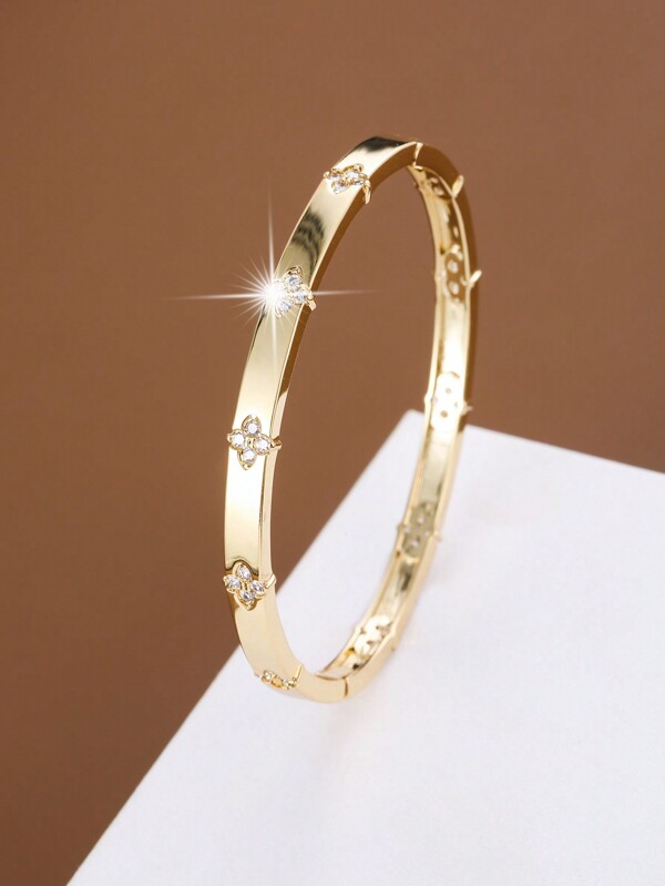 1 pieza Brazalete de moda minimalista con forma de flor de cuatro hojas, incrustado con circonita cúbica, como regalo para niñas, San Valentín, mamá, madre, Día de la Madre