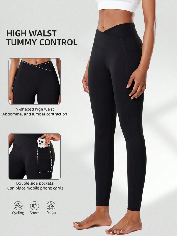 Women High Waist Yoga Pants With Side Pockets - Criss-Cross Waistband, Tummy Control, Squat-Proof, Quick Dry Compression Leggings For Gym Pilates Workout
