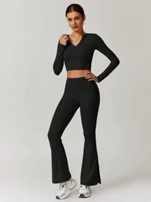 MASKERT Damen eng anliegendes langärmliges V-Ausschnitt kurzes T-Shirt Yoga Langarm Top Lauf Sport T-Shirt Top Slim Fit bequem und hautfreundlich