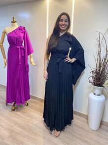 One-Strap Pleated Long Dress With Bow On The Shoulder - màu đen - Xem 1