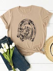 Women's T-Shirt With Horse Print In Cartoon Style - 米色 - 查看 2