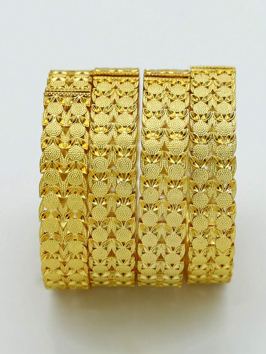 4pcs/Set Floral Pattern Bangle Bracelet Set - Luxury Copper Bracelet Jewelry Set, Ramadan Gift