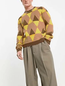 Áo len chui đầu dáng rộng, họa tiết khối màu hình học phá cách, kiểu dáng thường ngày, unisex, phù hợp cho mùa thu và mùa đông, phong cách sinh viên đơn giản. - Cà phê nâu - Xem 2