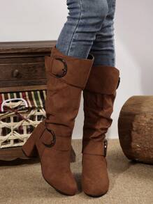 Fall/Winter 2025 Women's European & American Style Pleated Buckle Cone Heel Side Zipper Plus Size Knee-High Boots,Western Boots - Brown - View 6