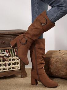Fall/Winter 2025 Women's European & American Style Pleated Buckle Cone Heel Side Zipper Plus Size Knee-High Boots,Western Boots - Brown - View 7